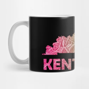 Colorful mandala art map of Kentucky with text in pink and green Mug